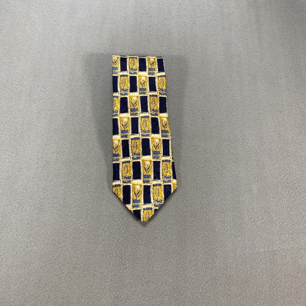 Vintage 90s Ermenegildo Zegna Mens Necktie 100% Silk Navy Gold Floral Italy